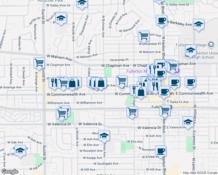 map of restaurants, bars, coffee shops, grocery stores, and more near 206 North Richman Avenue in Fullerton