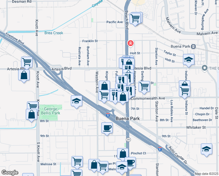 map of restaurants, bars, coffee shops, grocery stores, and more near 6132 Kingman Avenue in Buena Park