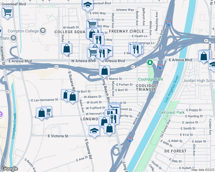 map of restaurants, bars, coffee shops, grocery stores, and more near 6432 Long Beach Boulevard in Long Beach