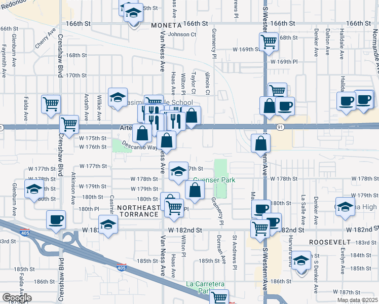 map of restaurants, bars, coffee shops, grocery stores, and more near 2045 West 176th Street in Torrance