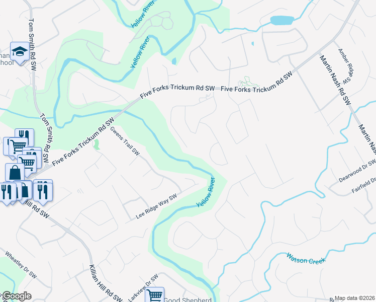 map of restaurants, bars, coffee shops, grocery stores, and more near 3840 Terrasol Trail Southwest in Lilburn