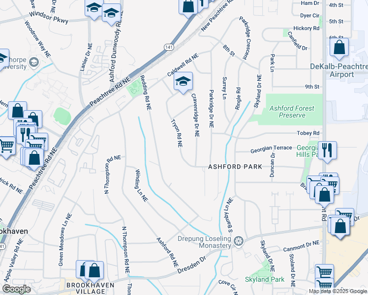 map of restaurants, bars, coffee shops, grocery stores, and more near 2864 Cravenridge Drive Northeast in Atlanta