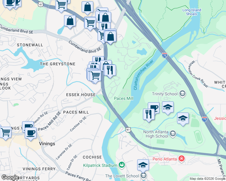 map of restaurants, bars, coffee shops, grocery stores, and more near 4569 River Parkway in Atlanta