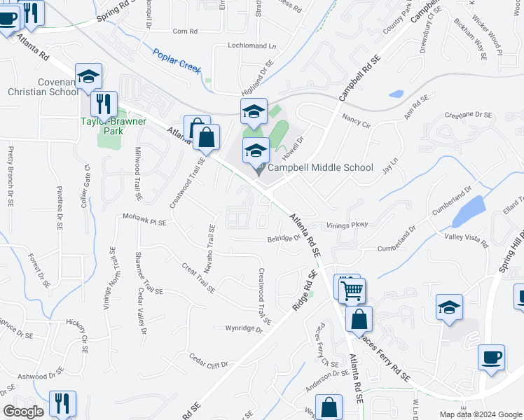 map of restaurants, bars, coffee shops, grocery stores, and more near 3313 Vintage Circle Southeast in Smyrna