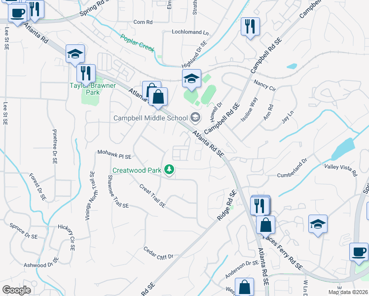 map of restaurants, bars, coffee shops, grocery stores, and more near 3478 Vintage Circle Southeast in Smyrna