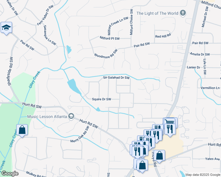 map of restaurants, bars, coffee shops, grocery stores, and more near 3347 Sir Lancelot Place Southwest in Marietta