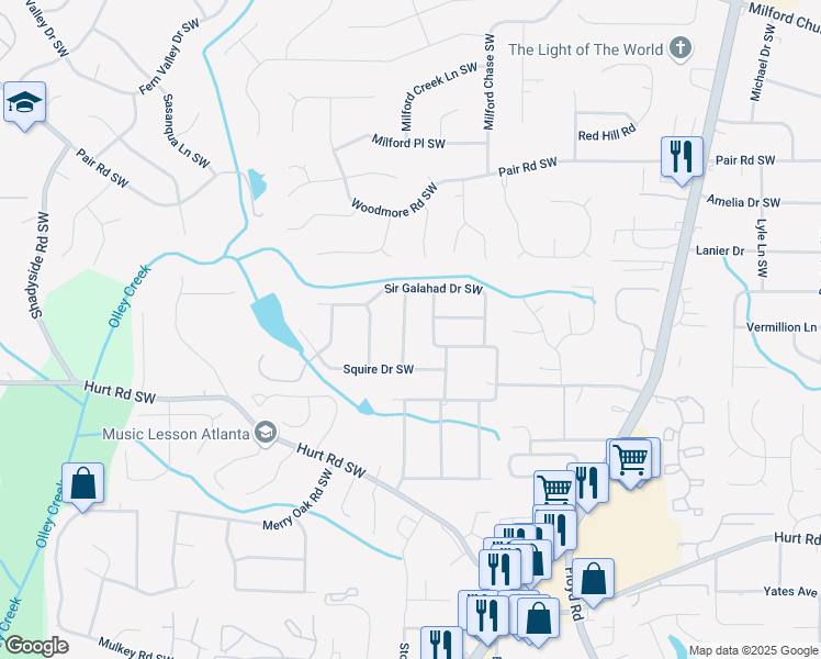 map of restaurants, bars, coffee shops, grocery stores, and more near 3347 Sir Lancelot Place Southwest in Marietta