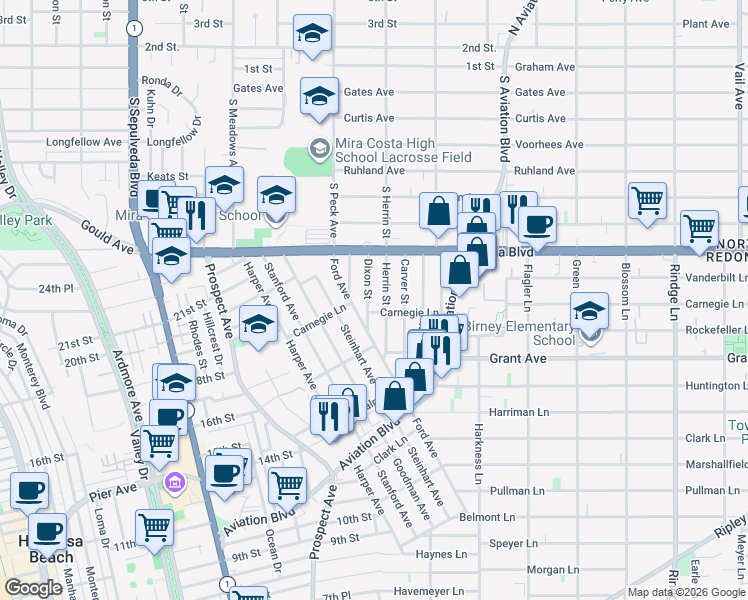 map of restaurants, bars, coffee shops, grocery stores, and more near 1710 Dixon Street in Redondo Beach