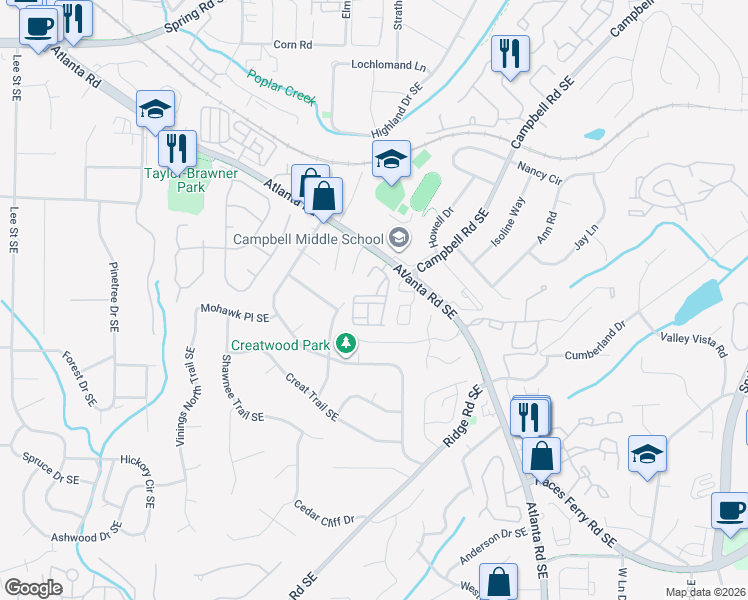 map of restaurants, bars, coffee shops, grocery stores, and more near 3476 Vintage Circle Southeast in Smyrna