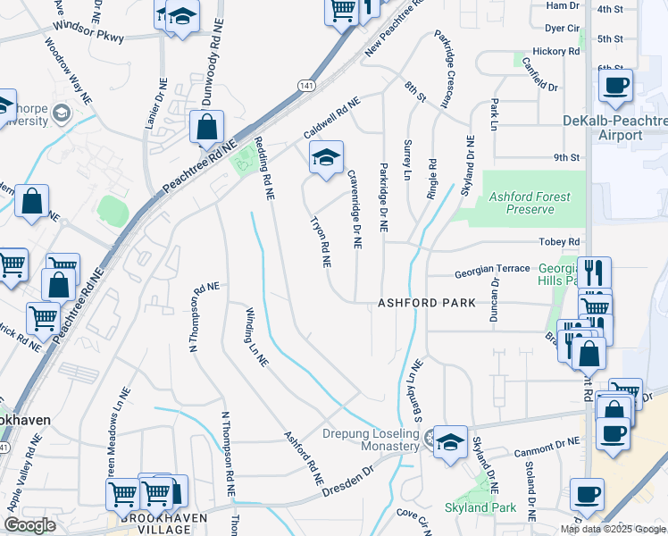 map of restaurants, bars, coffee shops, grocery stores, and more near 2864 Cravenridge Drive Northeast in Atlanta