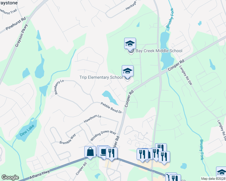 map of restaurants, bars, coffee shops, grocery stores, and more near Swan Lake Drive Southwest in Grayson