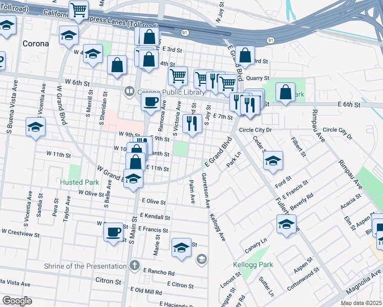 map of restaurants, bars, coffee shops, grocery stores, and more near 919 South Howard Street in Corona