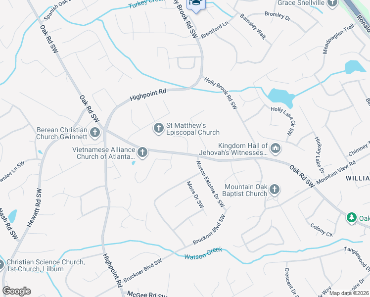 map of restaurants, bars, coffee shops, grocery stores, and more near 1601 Burning Oak Way Southwest in Snellville
