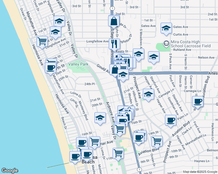 map of restaurants, bars, coffee shops, grocery stores, and more near 656 24th Place in Hermosa Beach