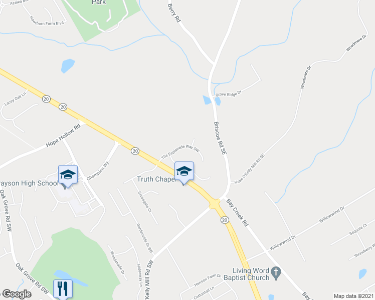 map of restaurants, bars, coffee shops, grocery stores, and more near 241 The Esplanade Way Southwest in Loganville