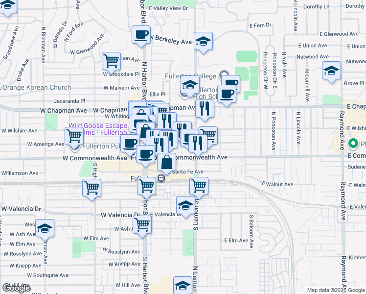 map of restaurants, bars, coffee shops, grocery stores, and more near 229 East Commonwealth Avenue in Fullerton