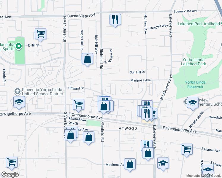 map of restaurants, bars, coffee shops, grocery stores, and more near 1836 Kennedy Drive in Placentia