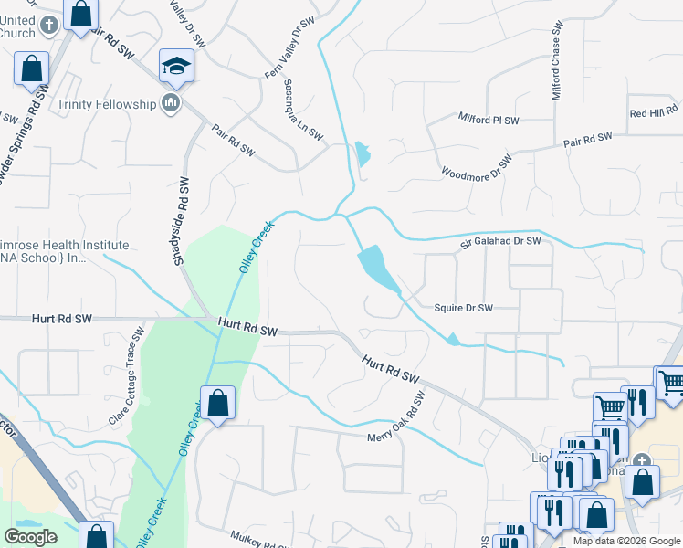 map of restaurants, bars, coffee shops, grocery stores, and more near 3391 Old Tennessee Road Southwest in Marietta