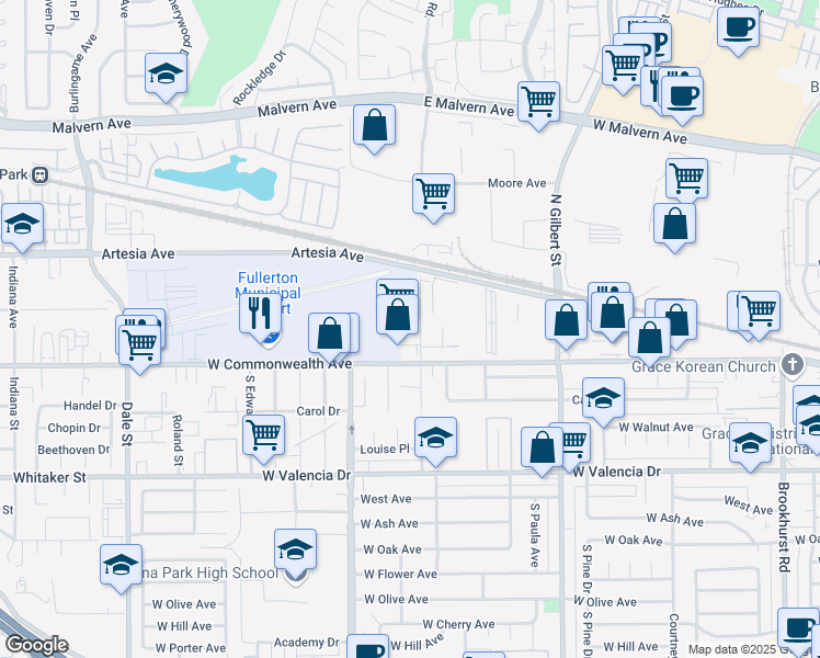 map of restaurants, bars, coffee shops, grocery stores, and more near 121 North Pritchard Avenue in Fullerton