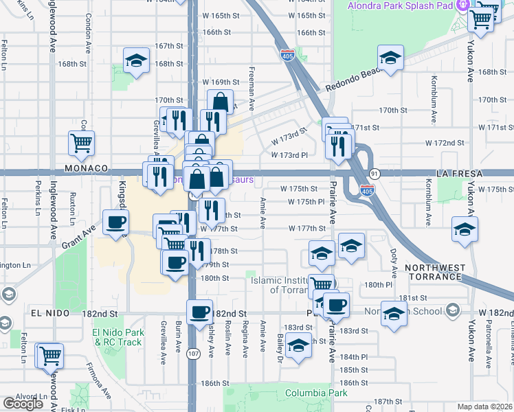 map of restaurants, bars, coffee shops, grocery stores, and more near 17517 Amie Avenue in Torrance