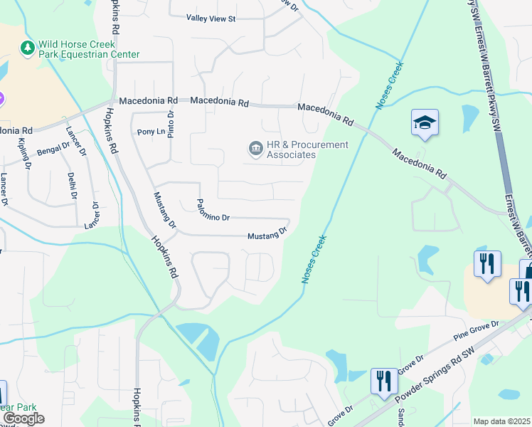 map of restaurants, bars, coffee shops, grocery stores, and more near 3340 Caley Mill Drive in Powder Springs