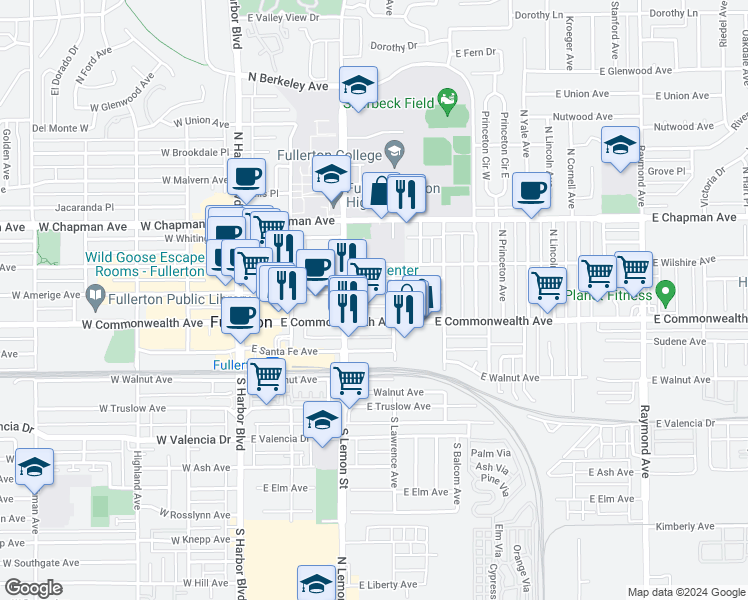 map of restaurants, bars, coffee shops, grocery stores, and more near 332 East Amerige Avenue in Fullerton