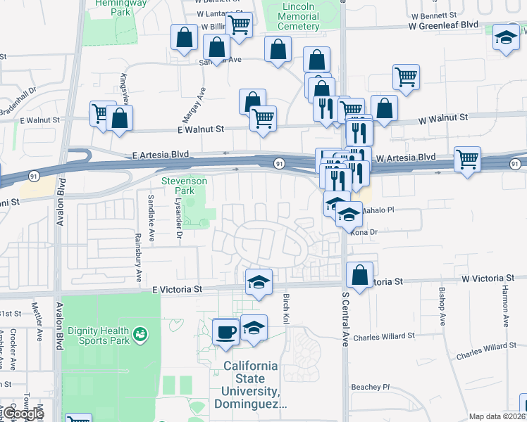 map of restaurants, bars, coffee shops, grocery stores, and more near 17533 Orangetree Drive in Carson