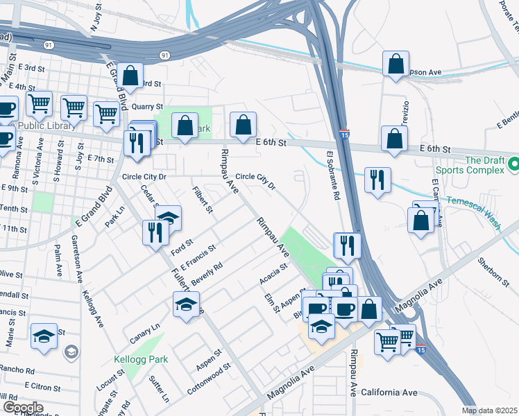 map of restaurants, bars, coffee shops, grocery stores, and more near 953 Rimpau Avenue in Corona
