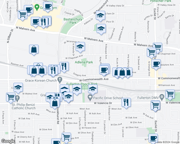map of restaurants, bars, coffee shops, grocery stores, and more near 211 North Florence Place in Fullerton