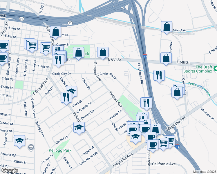 map of restaurants, bars, coffee shops, grocery stores, and more near 961 Rimpau Avenue in Corona