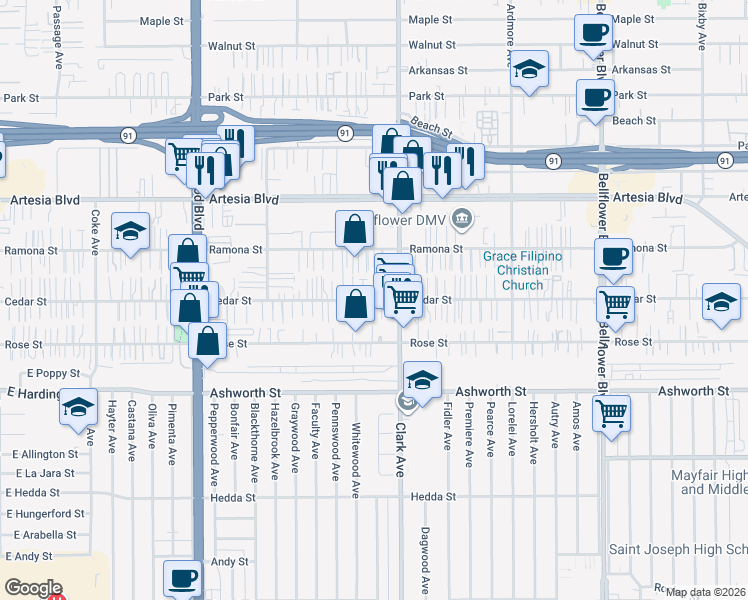 map of restaurants, bars, coffee shops, grocery stores, and more near Cedar Street in Bellflower