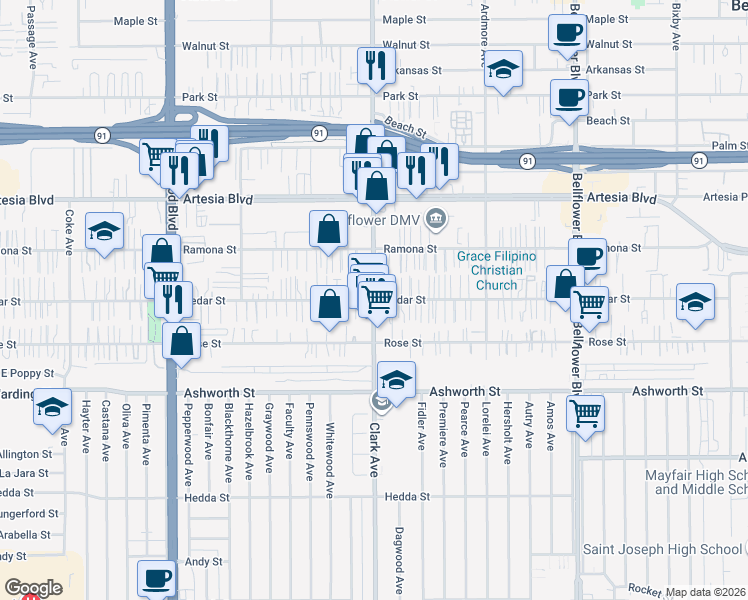 map of restaurants, bars, coffee shops, grocery stores, and more near Clark Avenue & Cedar Street in Bellflower