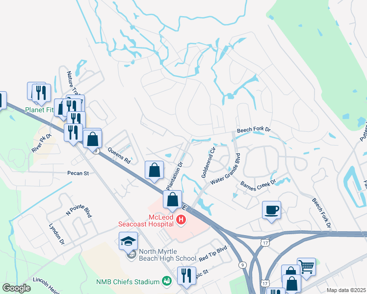 map of restaurants, bars, coffee shops, grocery stores, and more near 951 Plantation Drive in Little River