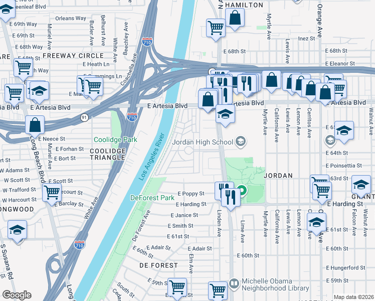 map of restaurants, bars, coffee shops, grocery stores, and more near 6475 Atlantic Avenue in Long Beach