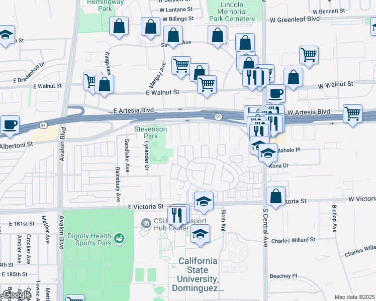 map of restaurants, bars, coffee shops, grocery stores, and more near 17516 Merimac Court in Carson