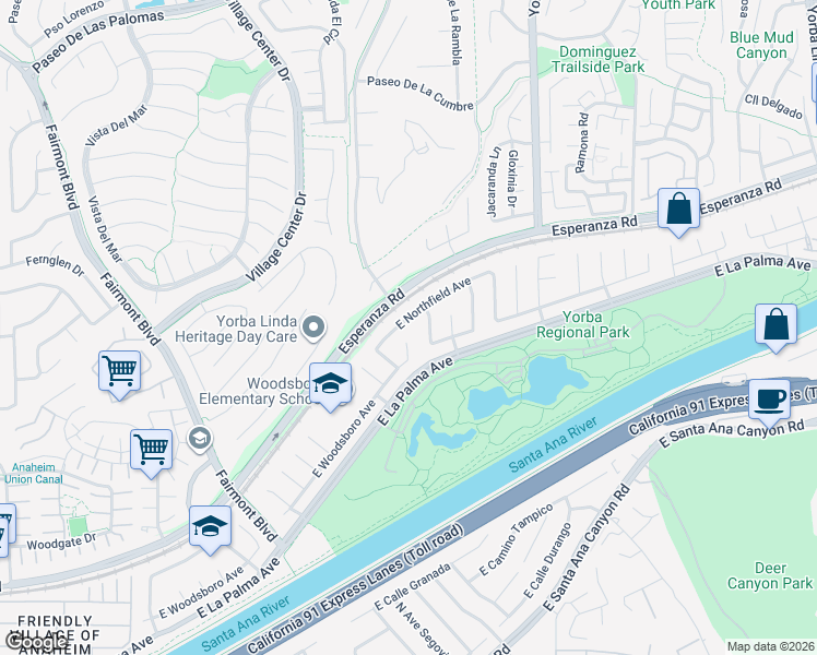 map of restaurants, bars, coffee shops, grocery stores, and more near 7678 East Northfield Avenue in Anaheim