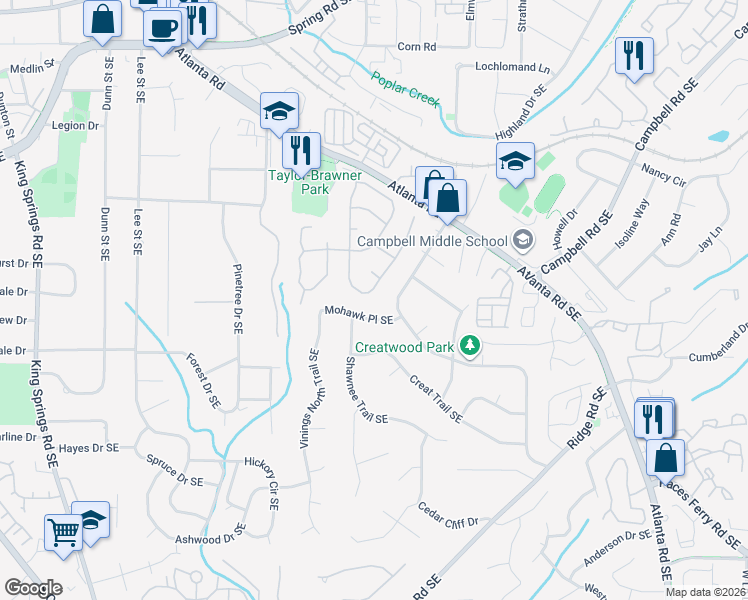 map of restaurants, bars, coffee shops, grocery stores, and more near 3258 Millwood Trail Southeast in Smyrna