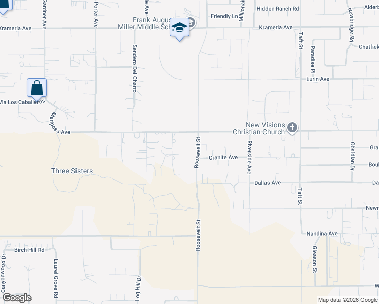 map of restaurants, bars, coffee shops, grocery stores, and more near 17165 Roosevelt Street in Riverside