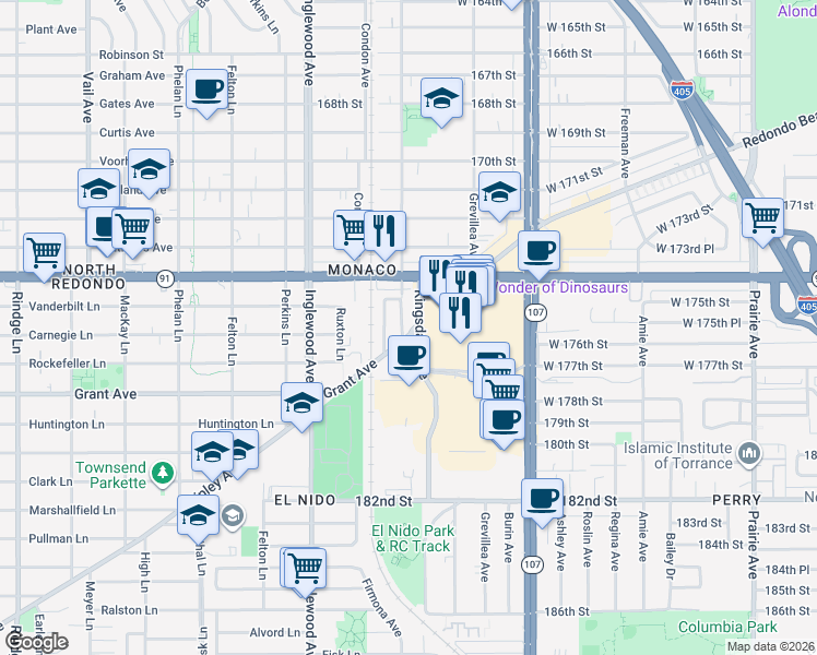 map of restaurants, bars, coffee shops, grocery stores, and more near 1904 Firmona Avenue in Redondo Beach