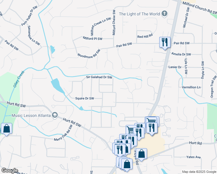 map of restaurants, bars, coffee shops, grocery stores, and more near 1539 Sir Galahad Drive Southwest in Marietta