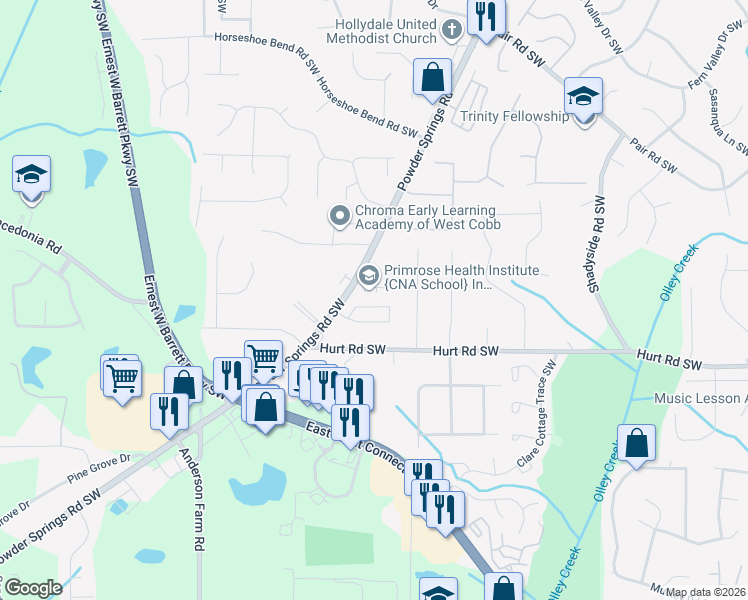 map of restaurants, bars, coffee shops, grocery stores, and more near 2483 Powder Springs Road Southwest in Marietta