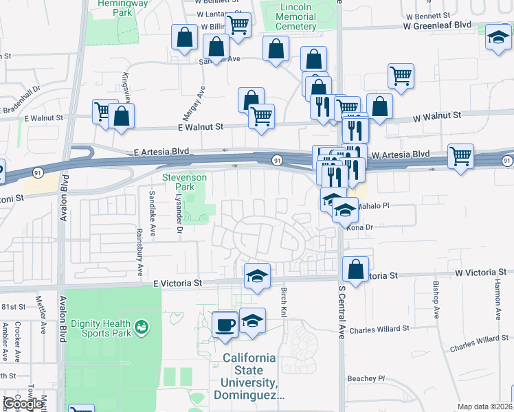 map of restaurants, bars, coffee shops, grocery stores, and more near 17536 Yellowwood Way in Carson