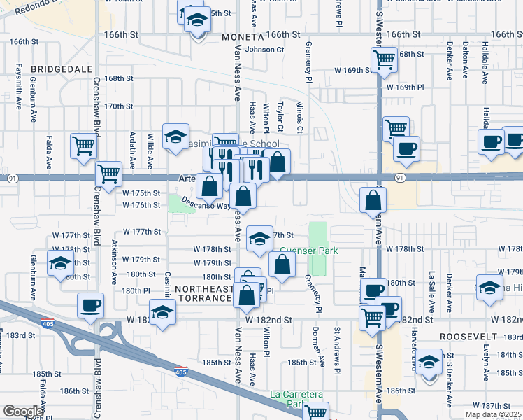 map of restaurants, bars, coffee shops, grocery stores, and more near 2118 West 176th Street in Torrance