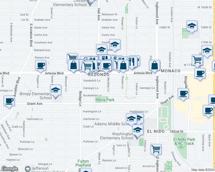 map of restaurants, bars, coffee shops, grocery stores, and more near 1801 Mackay Lane in Redondo Beach
