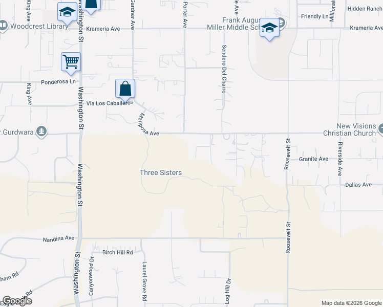 map of restaurants, bars, coffee shops, grocery stores, and more near 17020 Porter Avenue in Riverside