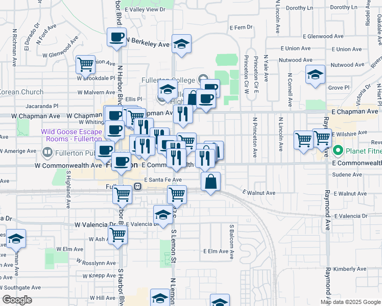 map of restaurants, bars, coffee shops, grocery stores, and more near 342 East Amerige Avenue in Fullerton