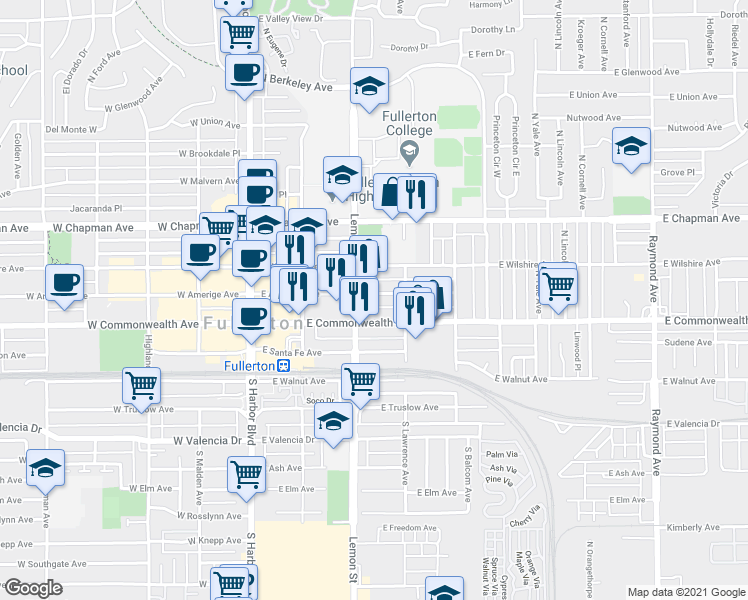 map of restaurants, bars, coffee shops, grocery stores, and more near in Fullerton