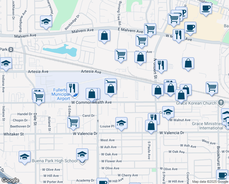 map of restaurants, bars, coffee shops, grocery stores, and more near 126 North Pritchard Avenue in Fullerton