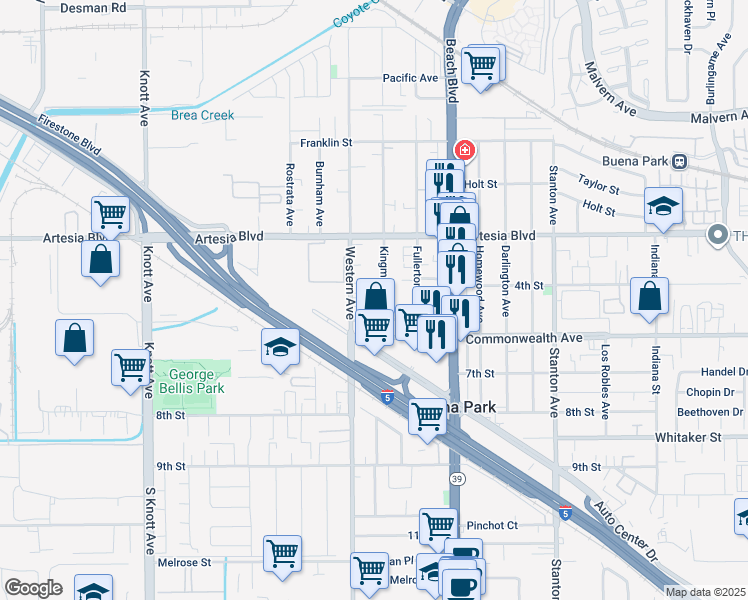 map of restaurants, bars, coffee shops, grocery stores, and more near 6132 Western Avenue in Buena Park