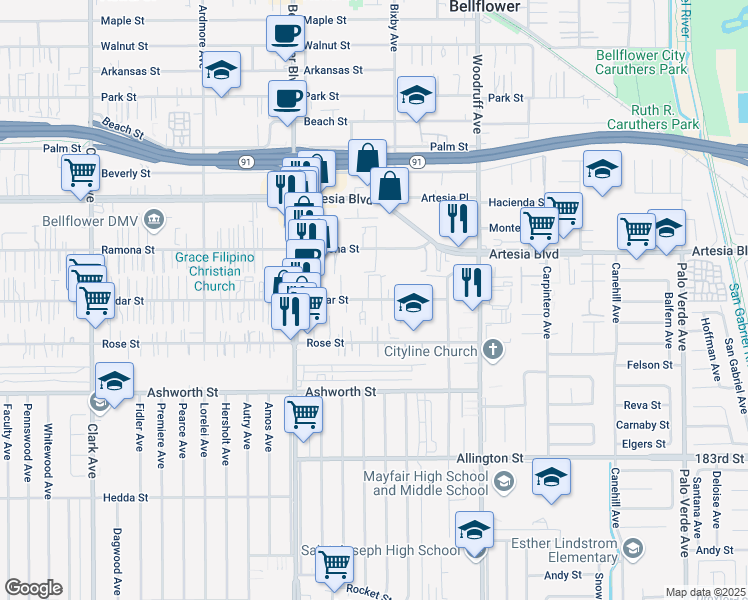 map of restaurants, bars, coffee shops, grocery stores, and more near 9925 Cedar Street in Bellflower
